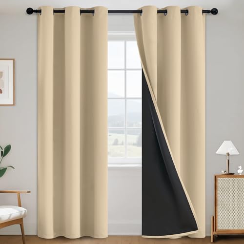 SimpleHome Beige 100% Blackout Curtains Room Darkening Living Room 84 Inch - Curtains for Bedroom,Thermal Insulated Grommet Window Drapes,Curtains for Living Room with Black Back,38 x 84 Inch,2 Panels