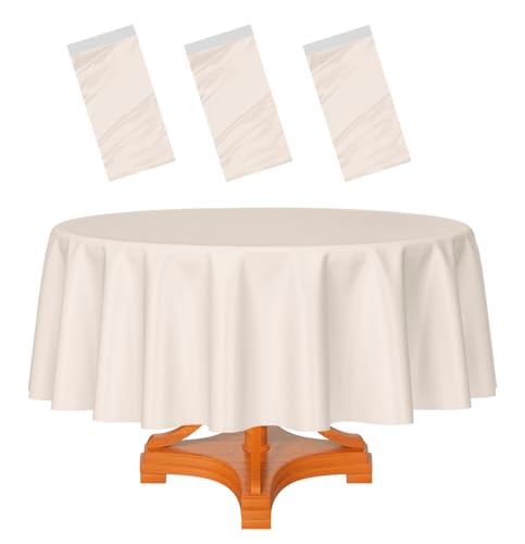 HEIPINIUYE 3 Pack Ivory Tablecloth Round 84 Inch Round Plastic Table Cloth Waterproof Disposable Round Table Cover for Party Birthday Camping Picnic Baby Shower Circle Tablecloth