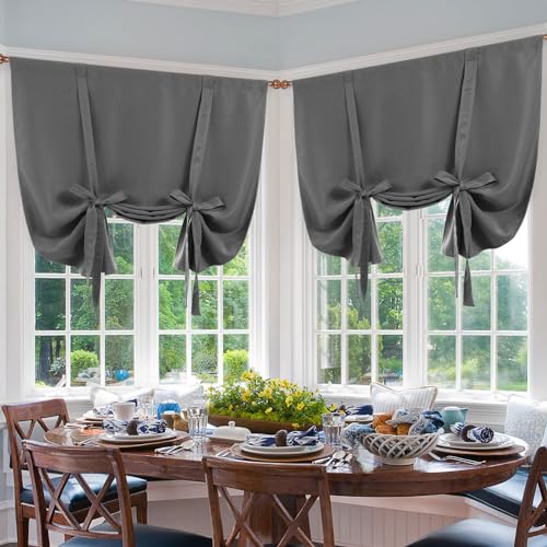 DWCN Blackout Curtains-Tie Up Shade for Window Thermal Insulated Room Darkening Rod Pocket Curtains for Kitchen, Dark Grey, W42 X L63 Inches, 2 Panel