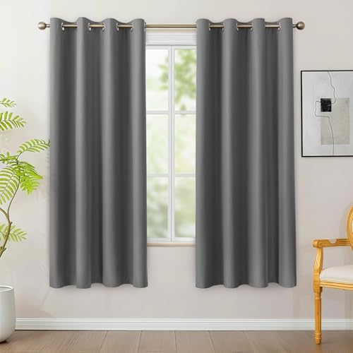 Bonzer 100% Blackout Curtains 4 Panels - Thermal Insulated Light Blocking Window Drapes, Single Layer Total Room Darkening Curtain with Black Laminated Backing for Bedroom, 54 x 63 Inch, Grey