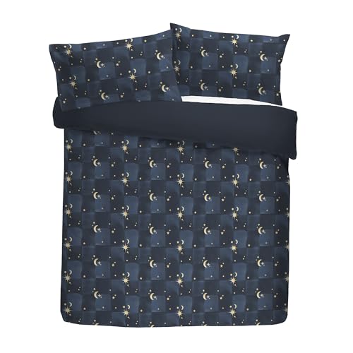 Fusion Snug Cosmic Star Duvet Cover Set, 100% Polyester, Super-King 260x220cm, Navy, Fleece and Sherpa, Moon and Stars Pattern