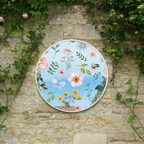 "MirrorOutlet The Typis - White Metal Frame Edged Modern Round Circular Edge Garden Wall Mirror With Colour Flower Printed Decal 31""x31"" (80CM X 80CM) Silver Mirror Glass with White Frame"