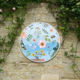 "MirrorOutlet The Typis - White Metal Frame Edged Modern Round Circular Edge Garden Wall Mirror With Colour Flower Printed Decal 31""x31"" (80CM X 80CM) Silver Mirror Glass with White Frame"