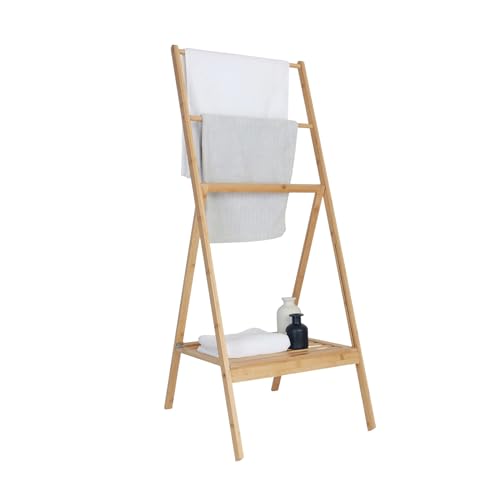 Relaxdays Bamboo Towel Stand, Foldable, with Shelf, 3 Bars, HxWxD: 112 x 55 x 44.5 cm, Natural