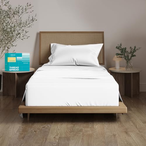 "THREAD SPREAD 100% Egyptian Cotton Sheets Twin Size - 800 Series Euphoria Collection Extra Long Twin Sheets for Dorm (3 PC,White), 16"" Deep Pocket Cooling Hotel Sheet Set for Twin Size Bed"
