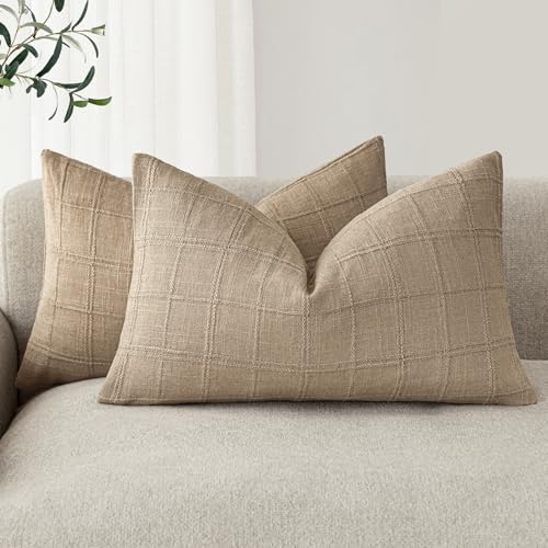 Foindtower Set of 2 Decorative Linen Check Throw Pillow Covers Neutral Farmhouse Lumbar Cushion Covers Modern Coastal Boho Home Decor for Sofa Chair Couch Bedroom Living Room,12??24 Inch,Camel