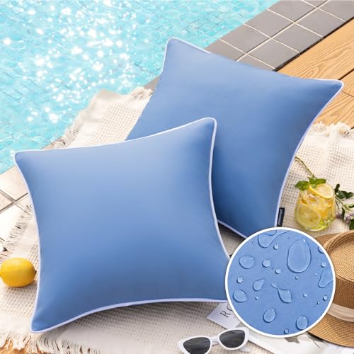 Phantoscope Pack of 2 Outdoor Waterproof Throw Pillow Covers Decorative Square Cushion Case Patio Pillows for Couch Tent Sunbrella, Foggy Blue 20x20 inches