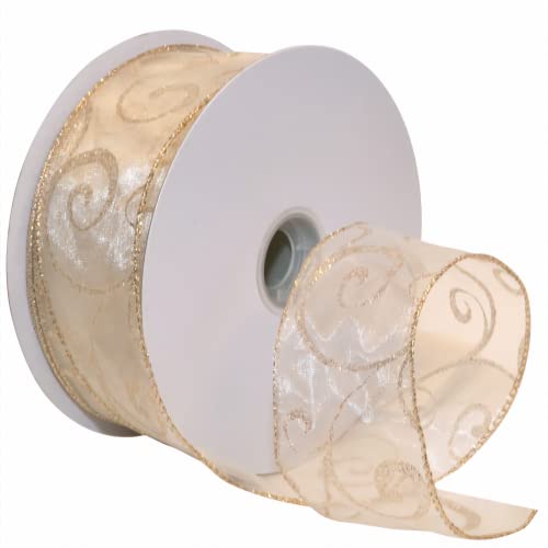 "Morex Ribbon 7416.60/50-004 Swirl 2.5"" X 50 YD Nylon Sheer Curling Wired Glitter Ribbon, Ivory/Gold, Holiday Ribbons for Crafts and Christmas Decorations, Indoor Christmas Ribbon for Gift Wrapping"