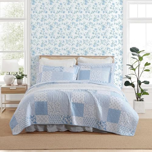 Laura Ashley - Quilt Set, Breathable Premium Bedding with Matching Sham, Luxuriously Soft Home Decor (Colleens Coastal Patchwork Blue, Twin)