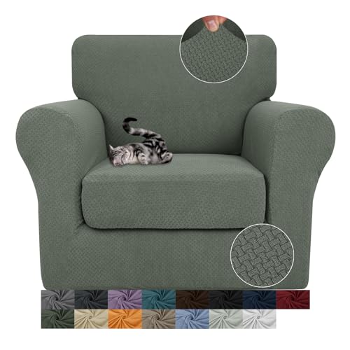 JIVINER 2 Pieces Armchair Covers for Living Room Stretch Chair Slipcovers with 1 Seat Cushion Covers Thick Fitted Couch Cover for Pet Dogs Furniture Protector (Chair, Army Green)