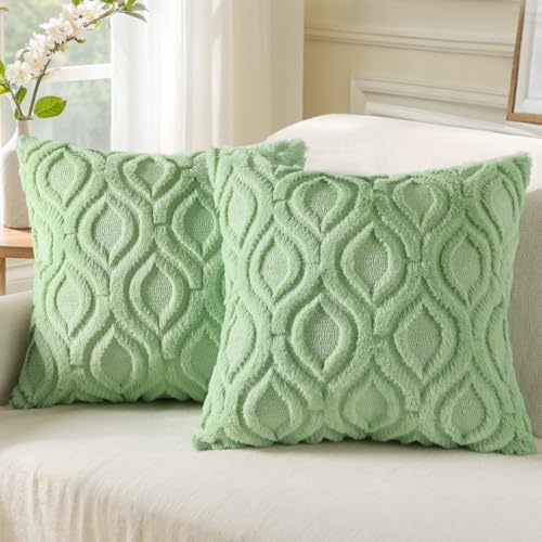 decorUhome Set of 2 Faux Fur Cushion Covers 45x45 cm, Decorative Soft Plush Fluffy Velvet Cushion Cover 18X18 Inch,Square Boho Neutral Pillow case for Sofa, Sage Green
