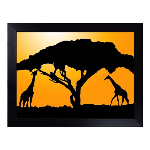 Lap Tray with Bean Bag Cushion, Giraffe Silhouette At Sunset - Handmade in the UK, Raised Wooden Edge, Padded Cushion, Heat-Resistant Wipe-Clean Surface, for Meals, Laptops and Crafts