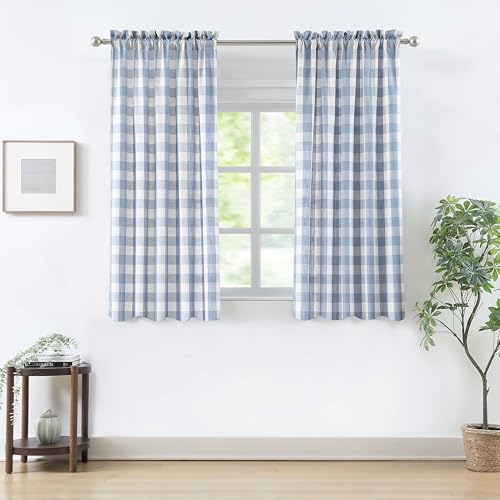 "Bapawfish Beige-Dusty Blue Buffalo Plaid Semi Sheer Curtains 63 Inches Length,Farmhouse Buffalo Check Drapes for Bedroom Living Room,Gingham Window Treatment,Rod Pocket,40"" Wx63 Lx2,Beige-Dusty Blue"