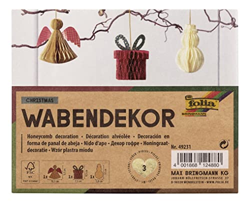 folia 49231 Christmas Honeycomb Decoration Set of 3 Foldable Christmas Decorations for Indoor Use White/Red/Beige/Small