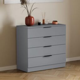 Vida Designs Trega 4 Drawer Chest of Drawers Grey - Compact Space-Saving Bedroom Storage Unit - 74Hx66Wx36Dcm - Anti-Bowing Support, Modern Black Handles, Glide Runners - Ideal for Bedroom & Nursery
