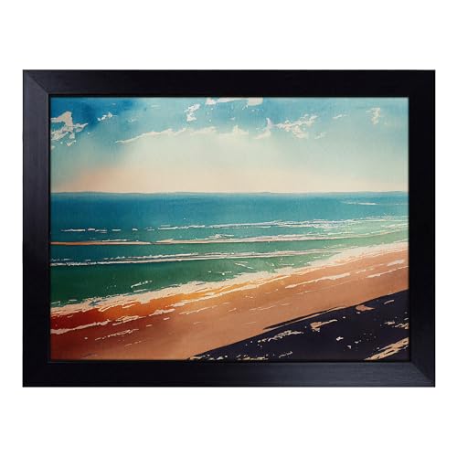 Lap Tray with Bean Bag Cushion, Beach In Watercolour - Handmade in the UK, Raised Wooden Edge, Padded Cushion, Heat-Resistant Wipe-Clean Surface, for Meals, Laptops and Crafts