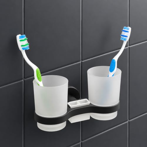 IPEA Wall Sticker Toothbrush Holder with Double Glass ??? No Drilling Required ??? Modern Design ??? Elegant Toothbrush Holder and Toothpaste Wall Paste in Bathroom, Shower ??? Black Holder