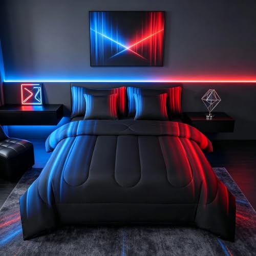 Feelyou Geometric Ombre Teens Comforter Set with Sheets Queen Size Kids Boys Women Blue Red and Black 7 Piece Bedding Set Decor Modern Stripes Bed Set