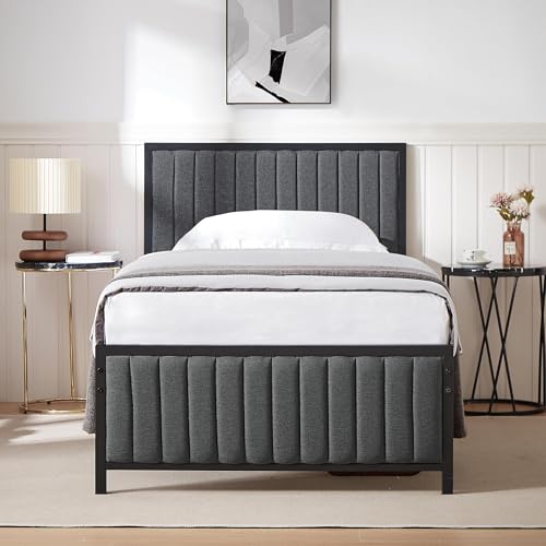 VECELO Single Size Bed Frame with Linen Fabric Headboard and Footboard, Heavy-Duty Platform with Strong Steel Slats, No Box Spring Needed, Easy Assembly, Grey