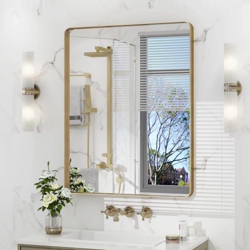 VANLIO 22x30 Inch Gold Framed Bathroom Mirror for Wall - Brushed Gold Metal Frame, Rounded Rectangle Gold Mirror, Anti-Rust, Shatterproof, Hangs Horizontally or Vertically