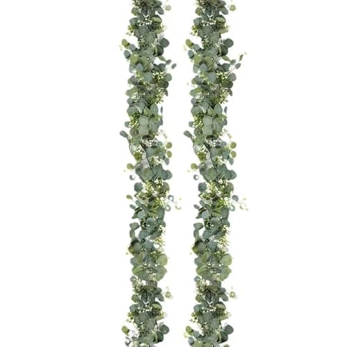 Primst 2 Pcs 5.9 Ft Artificial Eucalyptus Flowers Garland, Eucalyptus Leaves Decor for Home Decoration Artificial Vine for Mantle Office Party Wedding Arch Decor (2)