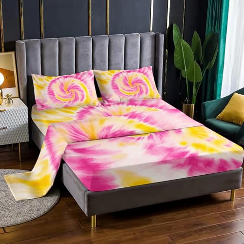 "Nttopship Pink Tie-dye 4 Pieces Bed Sheet Sets Queen Size Abstract Modern Art Bedding Sets with 16"" Deep Pockets Graffiti Bedroom Decor,Bedding Set 4 PCS(1 Fitted+1 Flat+2 Pillowcases)"