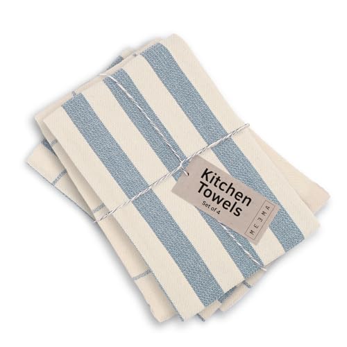 MEEMA Kitchen Towels and Dishcloths Sets of 4 - Large 18 x 28 Inch - Upcycled Cotton Tea Towel - Super Absorbent Cotton Dish Towels for Kitchen - Blue Stripes - Hand Towels