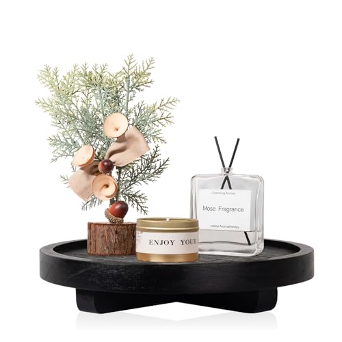 "Round Decorative Tray Wood Bathroom Counter Organizer Farmhouse Kitchen Decor Wooden Riser for Soap Dish, Perfume, Candle, Sponge, 8"" - Black"