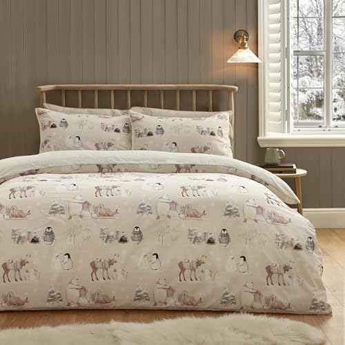 Catherine Lansfield Winter Friends Sherpa King Duvet Cover Set with Pillowcases Natural
