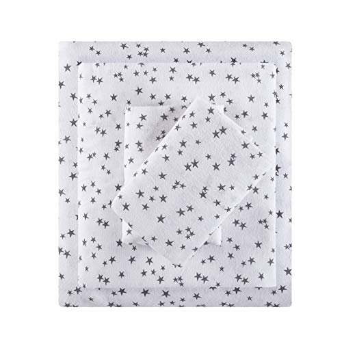 Intelligent Design Cozy Soft 100% Cotton Flannel Print Animals Stars Cute Warm, Ultra Soft Cold Weather Sheet Set Bedding, Queen, Grey Stars 4 Piece