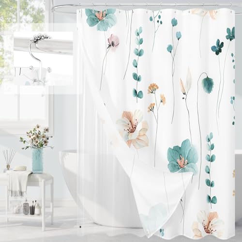 Gibelle 3 in 1 Shower Curtain Set, Teal Watercolor Floral Bath Curtain and PEVA Liner Set with 12 Double Sided Steel Hooks, Waterproof Fabric Bathroom Curtain
