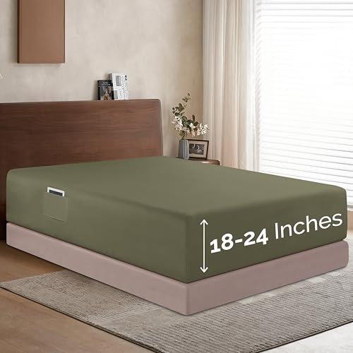 Elegant Comfort Fitted Sheet with Extra Deep Pocket of 18-24 inches, for High Mattresses, 1500 Thread Count Soft, with Smart Pocket, Wrinkle Resistant, Queen Size, Green