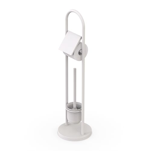 Relaxdays toilet set, stainless steel, HxD: 79 x 22 cm, freestanding toilet paper holder, toilet brush, white.