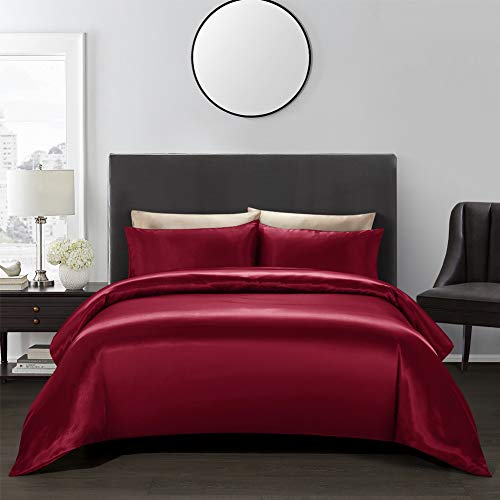 AiMay 3 Piece Satin Duvet Cover Set Bedding Sets Luxury Rich Silk Silky Super Soft Solid Color Hypoallergenic Reversible Stain-Resistant Wrinkle Free (Queen, Burgundy)