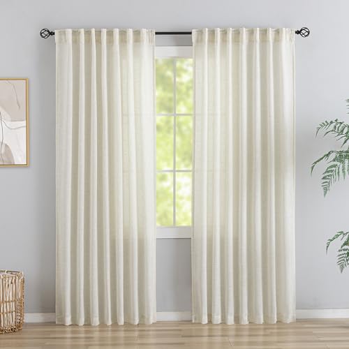 DONREN 92 Inch Length Curtains Light Beige Linen Back Tab & Rod Pocket Semi Sheer Privacy Bedroom Window Curtains,2 Panels Birch Rustic Modern Boho Neutral Light Filtering Curtain Drapes,Buttercream