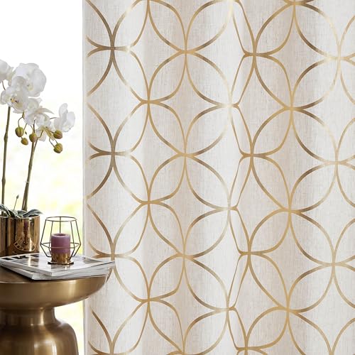 "SXZJTEX Gold Linen Curtains 84 Inches Long Metallic Moroccan Gold Foil Print Semi Sheer Curtains for Bedroom Living Room, Light Filtering Window Treatments,Grommet Top,2 Panels, 55"" W x 84"" L"