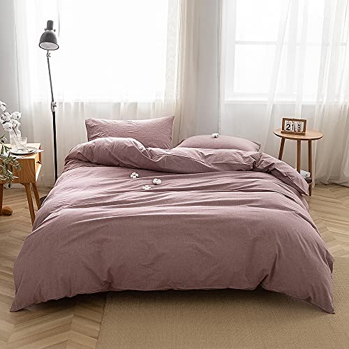 FACE TWO FACE Bedding Duvet Cover Set 3 Pieces 100% Washed Cotton Duvet Cover Linen Like Textured Breathable Durable Soft Comfy (King, Purple Bean Paste)
