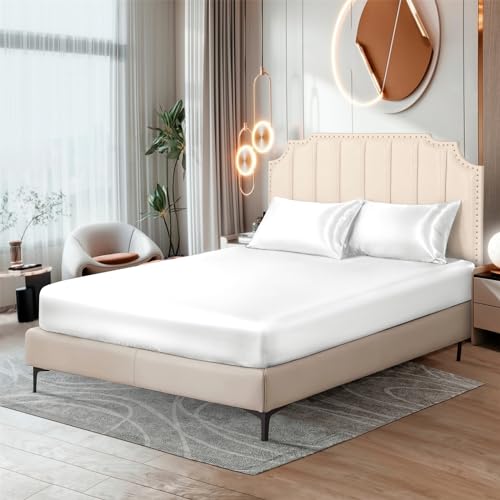 Ersmak Silk Satin Fitted Sheet, Soft Deep Pocket Bottom Luxury Queen Fitted Sheet, Wrinkle Free, Breathable, Fade Resistant - Ivory White