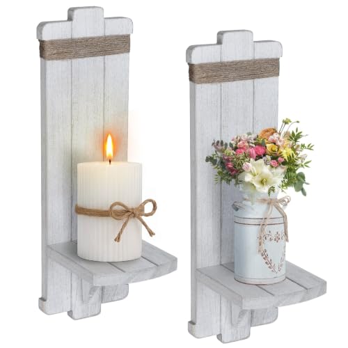 Alphatool 2 PCS Farmhouse Wall Hanging Candle Sconces - Nordic Style Handmade Wooden Wall-Mount Candle Holders Rustic Hanging Wall Sconces for Bedroom Living Room Kitchen Bathroom, White, grey, black