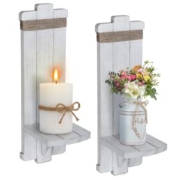 Alphatool 2 PCS Farmhouse Wall Hanging Candle Sconces - Nordic Style Handmade Wooden Wall-Mount Candle Holders Rustic Hanging Wall Sconces for Bedroom Living Room Kitchen Bathroom, White, grey, black