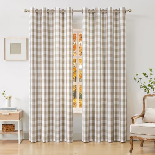 "Amzdecor Buffalo Plaid Grommet Curtains 95 Inch Length,Semi-Sheer Check Textured Curtains Drapery for Living Room Bedroom Farmhouse,2 Panels ???52"" x 95"",Beige/Tan & White???"