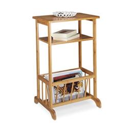 Relaxdays Side Table with Newspaper Basket, Bamboo, Robust, 2 Shelves, HxWxD: 71.5 x 44.5 x 37 cm, Natural Brown