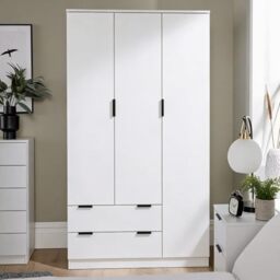 Home Source Phoenix Wardrobe 3 Door with 2 Drawers – White MDF, Black Metal Handles - 120W x 50D x 181H cm - Bedroom Wardrobe with Shelves