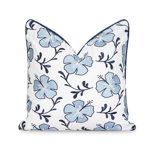 "Hofdeco Premium Coastal Patio Indoor Outdoor Throw Pillow Cover Only, 18""""x18"""" Water Repellent for Backyard, Couch, Baby Navy Blue Embroidered Hibiscus Floral with Piping, 03-0461-01"