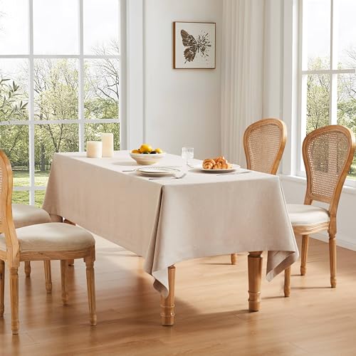 ZeeMart Linen Textured Rectangle Table Cloth, 52x70 Inch Light Tan - Heavy Weight Fabric, Durable Thick, Mitered Corners, Modern Farmhouse Table Cloth, Wrinkle Resistant Washable Table Cover