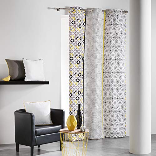 COTON d'intérieur Remix Indoor Cotton Curtain with Eyelets, Cotton, grey/yellow, 140 x 240 cm