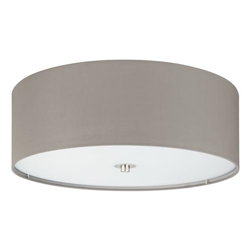 Eglo Pasteri 3-Flame Textile Ceiling Light, Matt Nickel Steel, Taupe Fabric and Glass Round Ceiling-Mounted lamp, E27 Socket Ø: 47.5 cm/18.7 inches