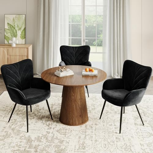 Upholstered Velvet Dining Chair with Armrests, Modern Nordic Dining Room Chair, Soft Padded Seat with Ergonomic Back, Black Metal Legs,Black