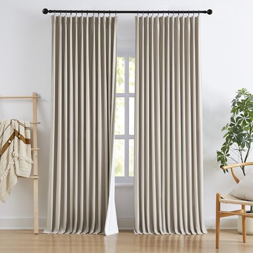"Treatmentex Flax Linen Pinch Pleated Blackout Curtains for Living Room, Taupe 90"" Long Memory Trained Thermal Insulated Window Drapes for Bedroom Floor Length 40x90 2 Panels Back Tab, Khaki"