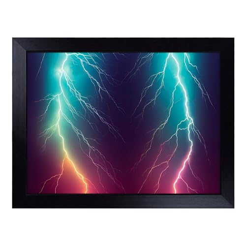 Lap Tray with Bean Bag Cushion, Neon Lightning Bolts - Handmade in the UK, Raised Wooden Edge, Padded Cushion, Heat-Resistant Wipe-Clean Surface, for Meals, Laptops and Crafts